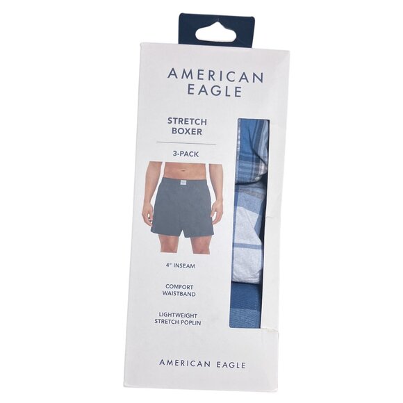 New AMERICAN EAGLE Men's XS 3 Pack 4" Stretch Poplin Boxers Blue Plaid Check Box - Picture 1 of 4